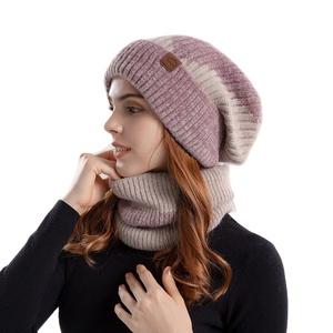 9971 Winter Tweekleurige Tweedelige Gebreide Beanie Dames Verdikte Wollen Muts Fleece Gevoerde Oorbeschermingssjaal Grensoverschrijdend Warm - Product Image 2