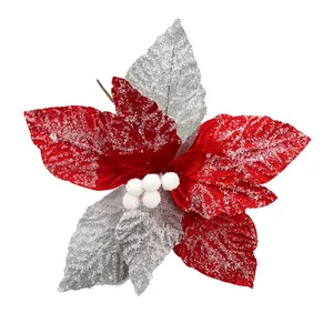 Dekorasi bunga merah Natal buatan, dekorasi spesial Natal, bola Beri, kain bunga poinsettia, dekorasi salju