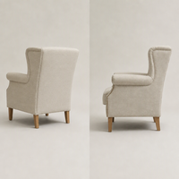 Fauteuil à dossier haut capitonné en lin 100% avec pieds en chêne massif et garniture cloutée, chaise de lecture pour salon, mobilier sur mesure