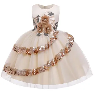 नई शैली सेक्विन फूल 3-9 साल की लड़की जन्मदिन की पार्टी शादी का गाउन बच्चों कपड़े L5148