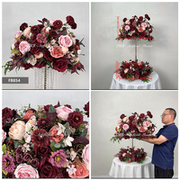 Dekorasi Bunga Pernikahan Merah Burgundy Vintage, Centerpiece Meja Bunga Sutra Kelas Atas 60cm, Bola Bunga dan Karangan Bunga Artifisial