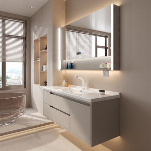 Armadietto da bagno in crema stile moderno con lavabo integrato in ceramica lavabo lacca porta pannello di trattamento superficiale per uso alberghiero - Product Image 3