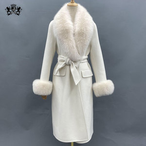 <strong>White</strong> Real Cashmere <strong>Coats</strong> Fox Fur Collar Jacket Winter Genuine Wool <strong>Coat</strong> for Women With <strong>Belt</strong> - Product Image 1