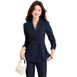 Women's Suit <b>Set</b> Navy Blue Three Quarter Sleeve Anti-Wrinkle <b>Office</b> Lady Commuting Work Wear - Product Image 5