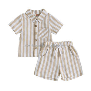 Vêtements Private Label pour Bébés Garçons Filles en <span class=keywords><strong>Lin</strong></span> Coton Rayé avec Boutons Top Shorts Ensemble de Vêtements pour Tout-petits 1 Pièce - Product Image 4