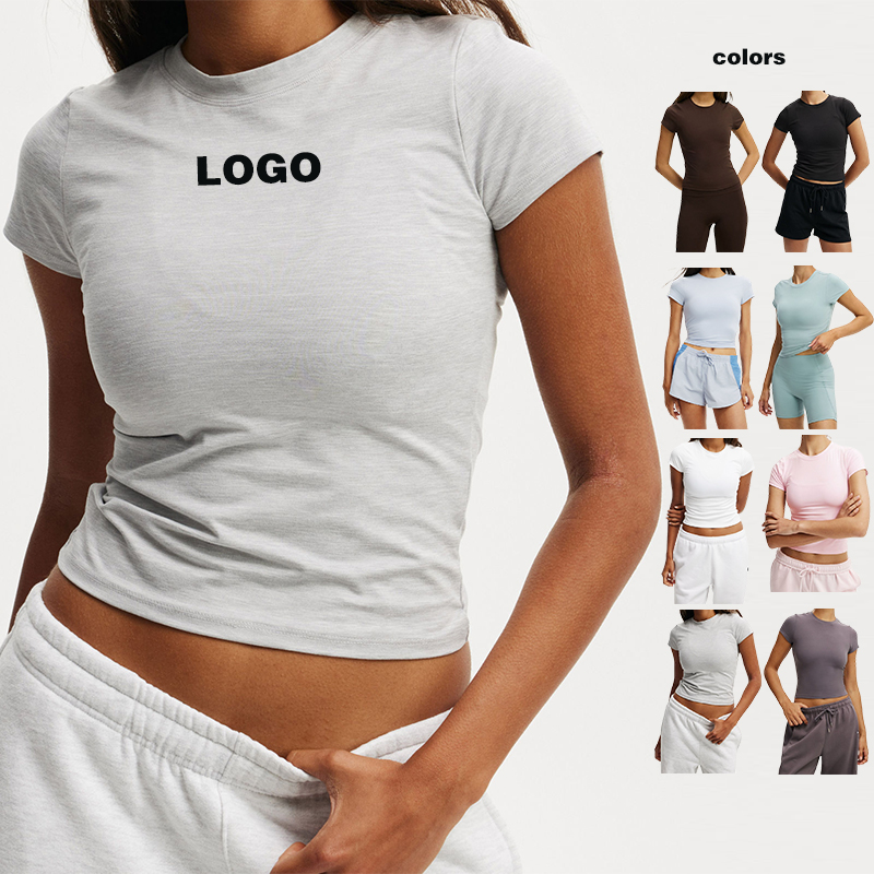 China Manufacture Logo Design Causal Women's Soft Slim Fit Crop Top 82 Polyester 18 Elastane Round Neck T Shirts for Women