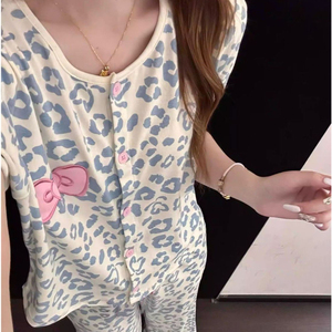 <span class=keywords><strong>Pigiama</strong></span> in stile giapponese ispirato a Instagram, dolce, con stampa leopardata e fiocco, da donna, estivo, a maniche corte e pantaloni lunghi, con motivo a cartoni animati - Product Image 6