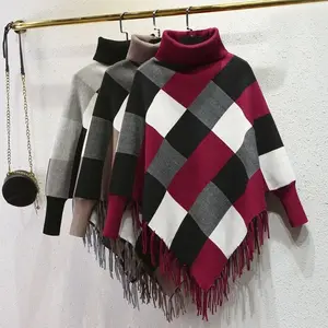 Women Sweater Fringe Luxury Design Casual Top Turtleneck Tassel Shawl Cloak Knitted Sweaters Winter Warmer Stitching Shawls