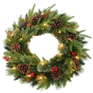 2024 New Design Artificial Christmas Wreath LED Prelit Indoor Decoration Holiday Wreath With Pine Cones