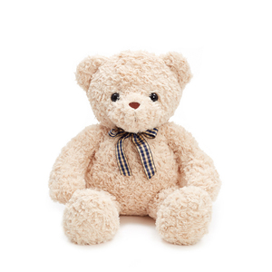 Ours en peluche classique bouclé beige Kawaii avec nœud écossais, doux et moelleux, cadeau idéal - Product Image 1