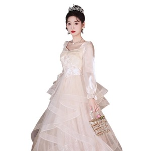 French Style Evening Gown Women Champagne Long Sleeve Square Neck Empire Waist 3D Floral Vintage Princess Dress Coming Of Age - Product Image 5
