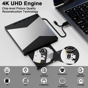 Unidad de <span class=keywords><strong>Blu</strong></span>-<span class=keywords><strong>ray</strong></span> Externa 4k USB 3.0 Tipo-C 3D, Unidad de <span class=keywords><strong>Blu</strong></span>-<span class=keywords><strong>ray</strong></span> Portátil 7 en 1 para Windows XP/7/8/10/11 y Mac - Product Image 5