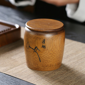 <b>Bamboo</b> Tea Canister Lacquered With Carved Design Wooden Lid Airtight <b>Container</b> For Tea Storage Travel Use Craft Gift - Product Image 1