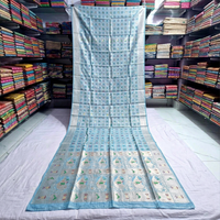Koleksi Ashmitas AC-786 Saree Sutra Banarasi Biru Muda Murni Pakaian Tradisional Pernikahan India Bebas Kerut Cepat Kering