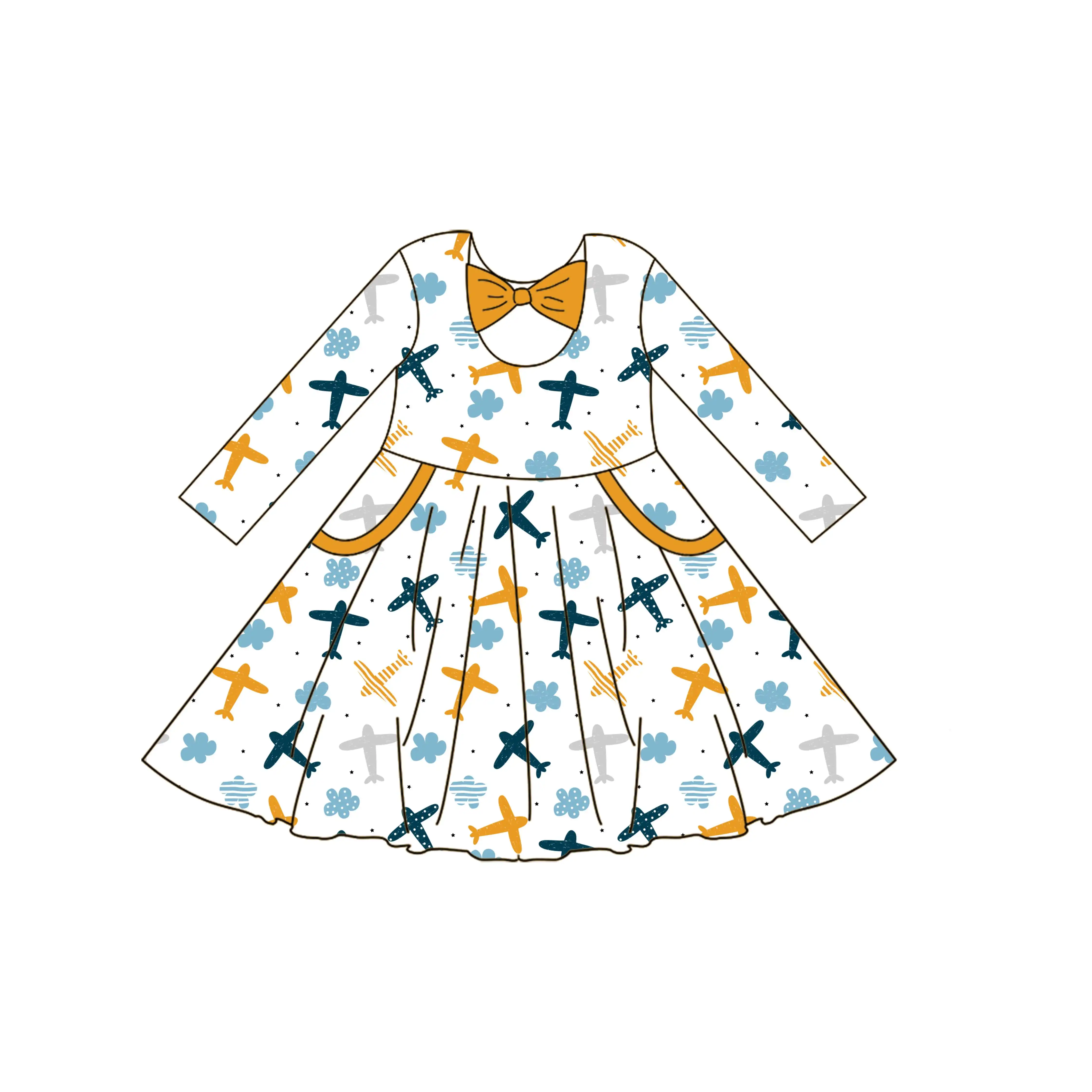 किंग्ली ओईएम लो मॉक मिल्क सिल्क टॉडलर एयरप्लेन प्रिंटेड लंबी आस्तीन वाली बेबी पार्टी ड्रेस प्रिंसेस