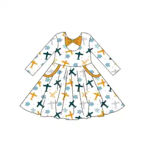 Qingli OEM Low Moq Milk Silk Toddler Airplane Printed Long Sleeve Baby Party Dress Princess