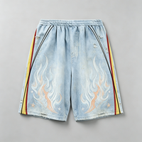 Shorts bleu clair effet flamme, délavé soleil, aspect denim épais, design à rayures latérales, article très demandé, livraison mondiale disponible dès maintenant