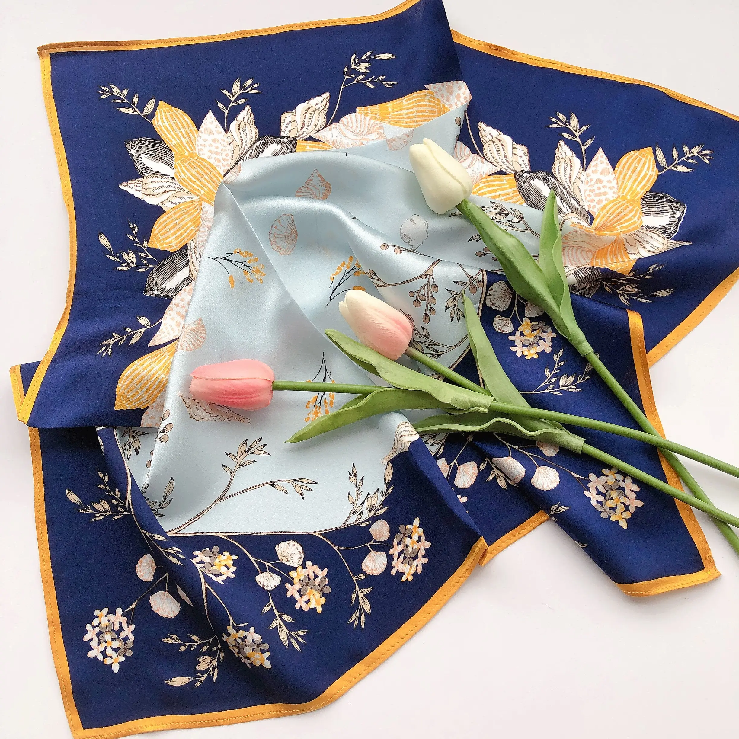 2020 new style silk scarf female vines flower blue print 90 square scarf cover scarf wholesale customization