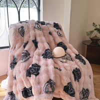 Plaid luxueux en fausse fourrure de lapin écologique, doux, tricoté, imprimé de roses, rose pêche, uni, pour la décoration intérieure