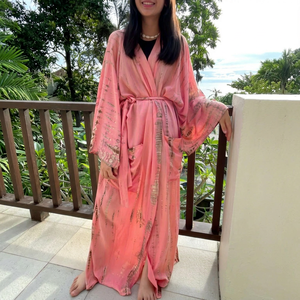 Tie Dye Pink Printed Chiffon Maxi <b>Dress</b> With Belt <b>Loose</b> V-Neck Long Sleeve Boho Style Summer Casual Wear For Women - Product Image 1
