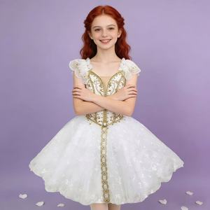 Costume de danse de scène pour enfants de haute qualité et bon marché, motifs blancs dorés, tenue de fête, <span class=keywords><strong>tutu</strong></span> de ballet professionnel - Product Image 3