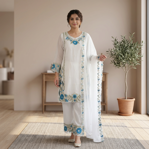 Conjunto PLAZZO de Georgette Bordado con Diseño de Zorro de TENNECY con Dupatta Reversible y Sin Arrugas en 3 Hermosos Colores - Product Image 1