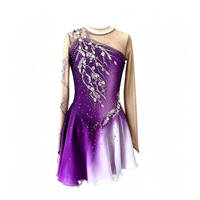 Robe de patinage et de danse pour enfants et adultes, dégradé violet et blanc, manches longues en maille, dos découpé avec strass, pour compétition et spectacle de patinage sur glace