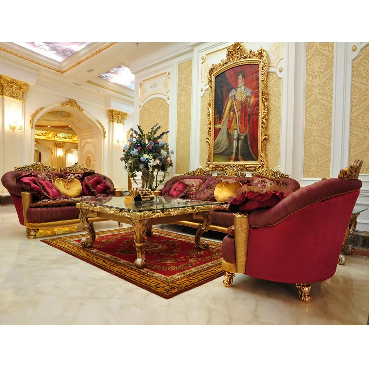 וילה סגנון אירופאי קלאסי מעץ מלא בצבע זהב יוקרה רויאל סט ספות בד יד מגולפת