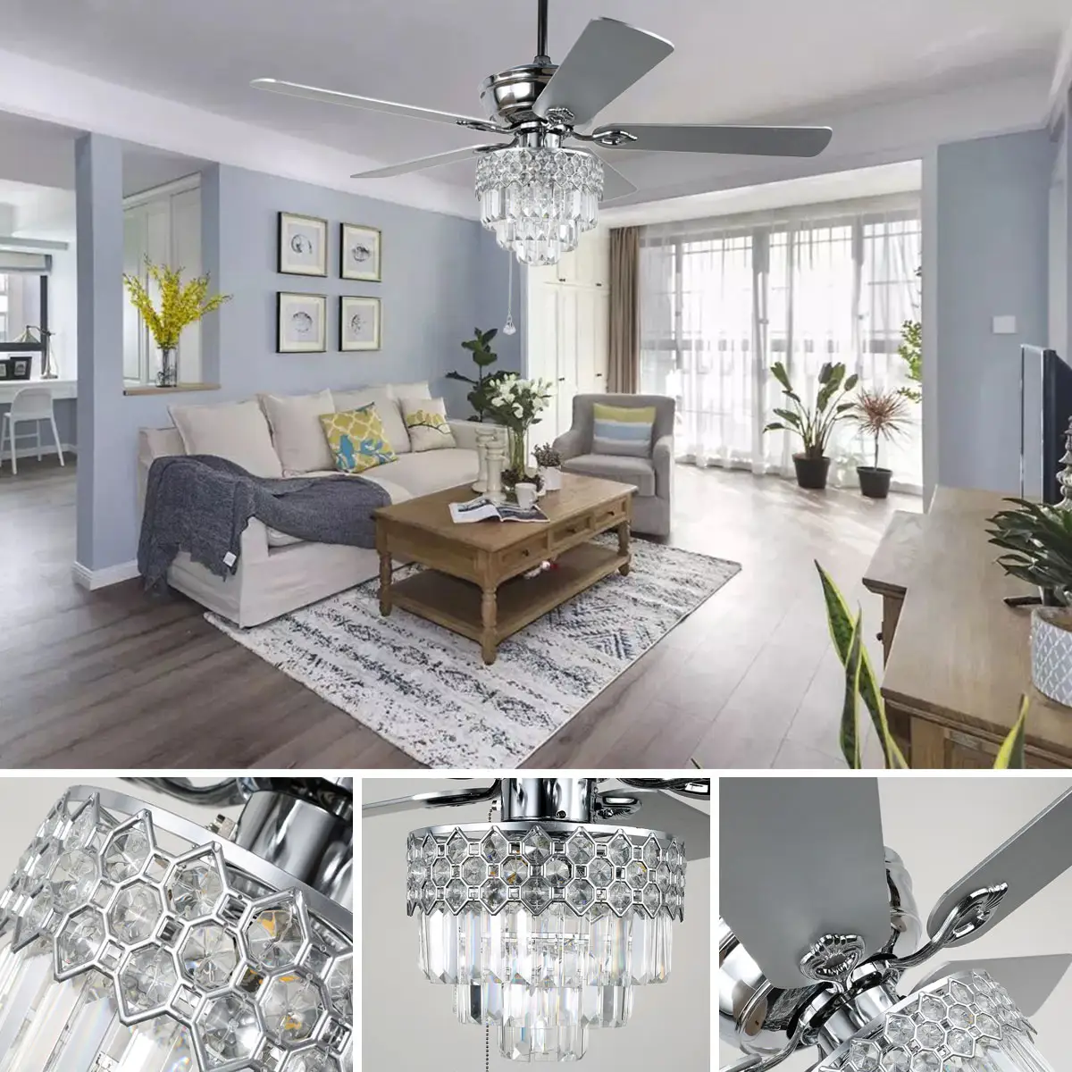 Crystal Ceiling Fan With Light 52 Inch Modern LED Living Dining Room 5 Plywood Blades Ceiling Fan With Light