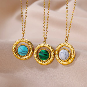 Collar de Acero Inoxidable con Baño de Oro de 18k y Turquesa Incrustada, Estilo Retro Europeo y Americano, Cadena para Clavícula con Personalidad Elegante - Product Image 2