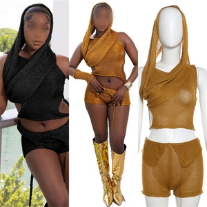 Zhezhe Nieuwe Zomer 2024 Gebreide Mouwloze Crop Top Met Capuchon En Korte Broek 2-delige Set Effen Bodycon Uitgeholde Damesset - Product Image 1