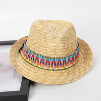 Topi Fedora Jerami dengan Logo Custom, Gaya Bohemian, Pita Rajut Warna-Warni, untuk Musim Panas