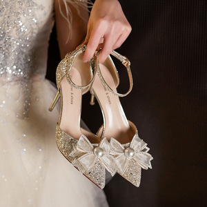 Heeled <b>Sandals</b> Pointed Toe Stiletto Heel High Heel <b>Bow</b> Decoration For Wedding Adult Ceremony - Product Image 2