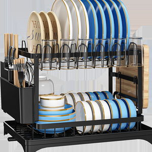 2025 Hot Selling Carbon Steel Black 2 <strong>Tier</strong> Tableware <strong>Dish</strong> Drying Drainer Dyer <strong>Rack</strong> with Cutlery Holder Made in China - Product Image 1