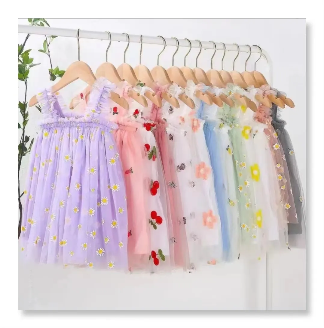 夏のフリルドレス新しいファッションプリンセスチュールフロックススウィートキッズ刺繍ノースリーブドレス卸売Ins女の赤ちゃん子供