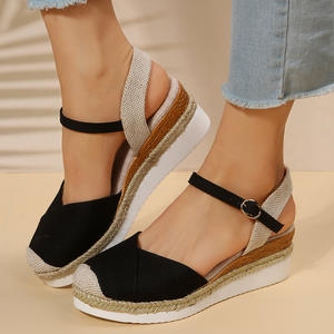 Dropshipping nuevo verano de talla grande para mujer tacón elástico punta abierta cuña plataforma zapatos Slip-On cierre PU plantilla ropa al aire libre - Product Image 1