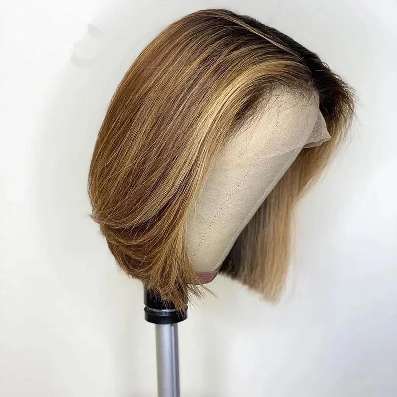 女性用ショートヘアウィッグブラウンピック染めボボヘッドショートストレートヘアふわふわトリムフェイス斜め前髪化学繊維ヘアセット