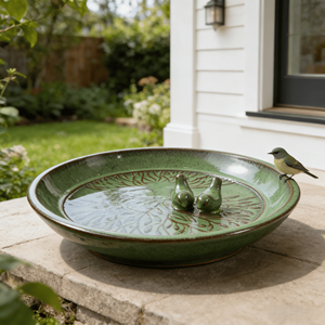 อ่างน้ำนกเซรามิกเคลือบเงา ลายแกะสลักนกบนต้นไม้ เป็นมิตรกับสิ่งแวดล้อม ใช้ตกแต่งภายใน/ภายนอกอาคาร สไตล์ดินเผา พร้อมระบบระบายน้ำ - Product Image 1