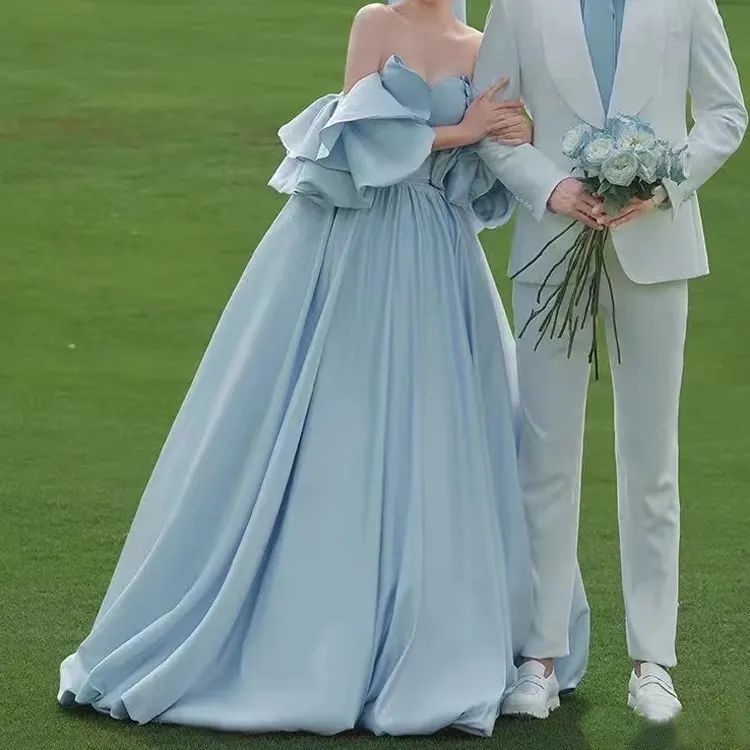Colored Modest Backless Pale Long Princess Train Custom Made Sky Blue Bride Luxury Elegant Dresses Wedding Dress 2022 Bridal Gow
