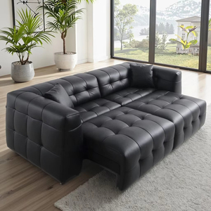 <span class=keywords><strong>Canapé</strong></span> d'angle minimaliste en <span class=keywords><strong>cuir</strong></span> noir en forme de L, design capitonné avec chaise longue, <span class=keywords><strong>canapé</strong></span>-lit moderne de luxe en <span class=keywords><strong>cuir</strong></span> avec télécommande - Product Image 2