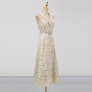 Monet Nénuphar Peinture à l'huile Couleur Ceinture sans manches Robes longues 2025 Nouvelle robe d'été creuse en dentelle Femme - Product Image 3
