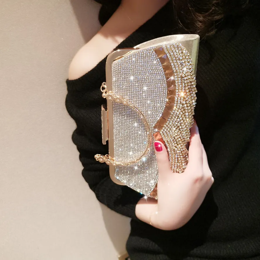 Mode Leder Knödel Abend tasche koreanische Phantasie Glitter Strass Party Neuheit Tasche Gold Strass Clutch mit Quaste