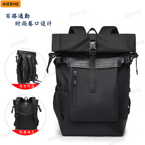 Aierhe <b>Roll</b> <b>Top</b> <b>Backpack</b> Black 15 Inch Laptop Bag Lightweight Travel <b>Backpack</b> For Men College Student Schoolbag - Product Image 1