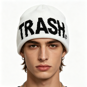 White TRASH Letter Jacquard Knit Beanie-Unisex Streetwear Winter Skull <b>Cap</b> with Common Fabric Travel Ready Custom Logo Wholesale - Product Image 1