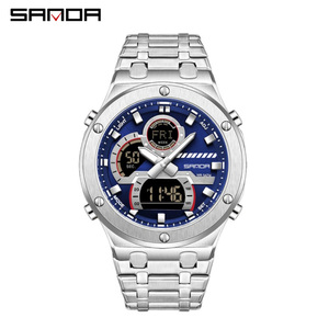 SANDA 3368 นาฬิกาข้อมือผู้ชายสำหรับธุรกิจพร้อมสายเหล็กและสายซิลิโคน นาฬิกากันน้ำแบบมัลติฟังก์ชั่นแสดงเวลาโลกสำหรับวัยรุ่น - Product Image 1