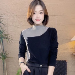 Women's High Neck Long Sleeve Knit Top Color Blocking Splicing Soft Warm Autumn Winter Casual T-Shirt Red Black Coffee Gray - Product Image 4