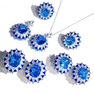 블루 사파이어 타원형 CZ 다이아몬드 925 실버 체인 펜던트 목걸이