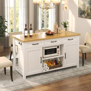 Îlot de cuisine moderne SENYU avec station de charge intégrée, 2 prises AC, 2 ports USB, plateau en bois massif, base blanche - Product Image 2