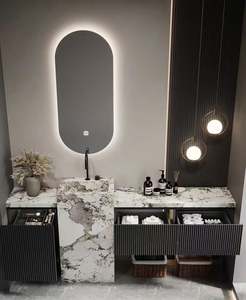 Meubles de salle de bain modernes en bois massif avec plan de travail en marbre, vasques simples pour hôtel - Product Image 5