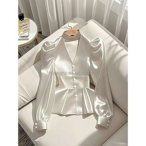 Camisa de satén de manga larga para mujer, estilo casual de lujo, con cuello con muescas, cintura ajustada, cuello en V blanco, personalizada para primavera/verano - Product Image 2